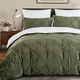 Lanqinglv Flanell Fleece Bettwäsche 200x200 Olivgrün Weiß Teddy Biber Winterbettwäsche Plüsch Cashmere Touch Flauschig Sherpa Pintuck Bettbezug mit Reißverschluss und 2 Kissenbezug 80x80cm