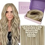 Fshine Unsichtbar Clip in Extensions Echthaar 45 cm, 7 Stücke 120 g, Aschblond mit goldblonden Strähnen, Hair Extensions Clip in, Farbe 16P22