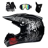 Unisex Volles Gesicht Motocross-Helm, mit Brille Handschuhe Maske, Jugend Kind Enduro Offroad Motorrad Helm, MTB ATV BMX Bergab Quad Dreckiges Fahrrad Absturz Helm, D.O.T Zertifiziert ( Color : Black