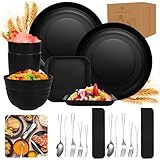 20PCS Camping geschirr Set 2 Personen,Plastikgeschirr mit Edelstahl Campingbesteck,Unzerbrechliches Geschirr Set,Leicht und Wiederverwendbar für Picknick BBQ Garten,Spülmaschinenfes(Schwarz)