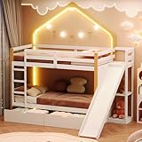 Wuudi Etagenbett, Holzbett, Hausbett, Coole Lichtstreifen, Zwei Schubladen, Vier gerade Stufen, Unterbettschublade mit Laufschienen, Kinderbett mit Dach und Fenster, Kiefer+MDF, weiß+Natur, 90x200cm
