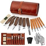 Schnitzwerkzeug Set, 17 PCS Holzschnitzwerkzeuge mit Handschuhe, Aufbewahrungstasche und Anspitzer, Ideales Schnitzmesser-Set für Anfänger und Profis