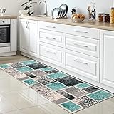CARPETIA Rutschfester Küchenläufer – Moderner Teppich mit Patchwork-Design in Türkis und Grau, waschbar für Küche und Flur