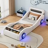 Autobett Kinderbett Jugendbett 90x200, Polsterbett Einzelbett mit leuchtenden Rädern&Stauraum, Aufregendes Auto Kinderbett für kleine Rennfahrer, Kinder Spielbett mit Lattenrost, PU,Ohne Matratze,Weiß
