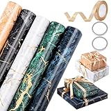 woric 5 Rollen Geschenkpapier Set, 43cm x 3m Geschenkpapier Geburtstag Marmor Geschenkpapierrolle mit Schleifenband Gold für Valentinstag Geburtstag Hochzeit (Marmorblau)