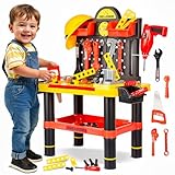 Kinderplay Werkstatt mit Batteriebetriebener Bohrmaschine und Helm, Arbeitsplatte, Werkzeugbank mit Zubehör, KP2646