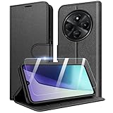 New&Teck handyhülle hülle für Xiaomi Redmi 14C, [Magnetverschluss, Klappetui, aus Leder] [Multifunktional] + 1 x [Hartglas] (Schwarz)