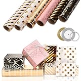 6 Rollen Geschenkpapier Set, 3m x 43cm Geschenkpapier Gold Schwarz Rosa Geschenkpapier Geburtstag mit Schleifenband Klebeband für Hochzeit, Kindergeburtstag, Babyparty, Abschluss, Kommunion