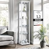 K-Möbel Glasvitrine Stehend (176x37x33cm) - Made in Germany - Vitrinenschrank Weiss mit 4 höhenverstellbaren Glasböden & LED - Vitrine Glas stehend - Glasschrank - Display Cabinet
