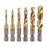 Fdit Metrisches Gewinde,Kombi Gewindebohrer Schraube Sechskantschaft Senker Werkzeuge Bohrer Bit Set Maschinengewindebohrer Drill Bits Satz Edelstahl HSS,1/4 inch,M3-M10,6tlg,hohe Härte