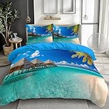 Meer Bettwäsche 140x200 3teilig Bettbezug 140 x 200 cm Strand Hawaii Bettbezüge Set Weich Atmungsaktiv 3D Wendebettwäsche mit 2 Kissenbezügen M/7338