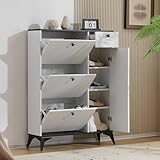 HAINEW Moderner Weiß Schuhschrank Schuhkipper mit 3 Klappen und 1 Schublade für 10-13 Paar Schuhe, Schuhregal Schuhaufbewahrung Schuhkommode mit 1Türen für Flur Wohnzimmer, 90×25×121cm