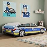 Kids Collective Autobett Kinderbett Jugendbett 70x140 & 80x160 cm mit Rausfallschutz | 80x160 cm Polizei Polizeiauto Polizist Kinder Spielbett