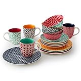 DOWAN Keramik Geschirr-Sets, 16-teiliges Geschirr-Set für 4, Dekorative Teller und Schalen Sets, Porzellan Salatteller, Tassen und Suppenschalen Set für Küche, Einweihungsgeschenk