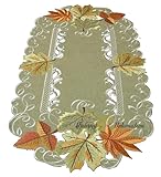 Herbst Blätter Tischläufer Tischdecke Mitteldecke Kissenhülle Leinen-Optik Grün Beige - Größe wählbar (ca. 35 x 70 cm Oval)