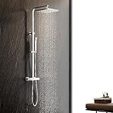 KOMIRO Duschsystem mit Thermostat, Regendusche mit Armatur, Duscharmatur mit thermostat, Duschkopf mit Schlauch und Edelstahl Höheverstellbarer Duschstange, Duschsäule Duschset, Eckig, Chrom