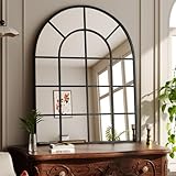 Koonmi 100 x 75 cm, gewölbter Wandspiegel, Badezimmerspiegel mit Gitter, explosionsgeschützter dekorativer Spiegel aus gehärtetem Glas, geeignet für Fensterdekoration, Eingangsbereich, Schwarz