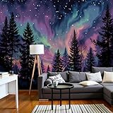 Fototapeten 200×140 Cm Traumszene - Nordlichter Silhouetten Von Kiefernwäldern Wanddekoration Wohnzimmer Schlafzimmer - Lila