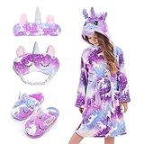 Piefry Weicher Einhorn-Bademantel mit Kapuze für Mädchen mit Einhorn-Pantoffeln, Augenbinde und Stirnband - Geschenke für Mädchen (Violettes Einhorn, 8-9 Jahre)