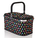 Genius A14360 Einkaufskorb Falko Premium Schwarz mit bunten Punkten | Einkaufstasche 22l groß, faltbar, mit Deckel | Tragekorb mit Aluminium-Griff für unterwegs, Schwarz-bunt