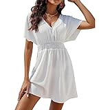 GIVTULIP Damen Sommer Kleid Freizeit Einfarbig Freizeitkleider Casual V-Ausschnitt Midikleid, Kurzarm Tunika A-Linie Kleider Strandkleid Elegant Sommerkleid Knielang Minikleid Luftiges Kleid S-L