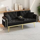 Merax Schlafsofa Klappbares Sofa mit Schlaffunktion, 2 Sitzer klappsofa mit Verstellbarer Rückenlehne und Liegefunktion - Sofabett aus Samtstoff, für Wohnzimmer/Schlafzimmer/Gästezimmer, Schwarz
