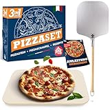 Blumtal Pizzastein für Backofen 38x30cm + Pizzaschieber robust - Pizzastein Gasgrill aus Cordierit-Stein bis 900 C° - geeignet für den Gasgrill - Pizza Stone - Backstein Brot