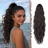 AURIVEE Haarteil mit Klammer Pferdeschwanz Extension - Gewelltes Synthetik Haar 63cm für Damen Frauen, Voluminöse Haarverlängerung Zopf Schwarz Braun - Einfach zu Tragen für Alltag Party Hochzeit