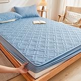 KLUOT Wasserdicht Spannbettlaken 150 x 200 + 30 cm Blau Spannbettuch Gewaschene Baumwolle Stoff Tagesdecke Matratzenschoner Topper Spannbetttuch