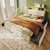 odikalo Polsterbett 160x200cm, Doppelbett, Bett mit Stauraum, mit Aufladen USB Type C Ladefunktion APP-Control LED Bettgestell Metallbett und 4 Schubladen, Weiß(Ohne Matratze)