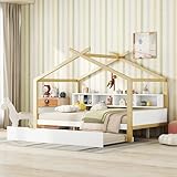Kebnor 140 * 200cm Hausbett, Kinderbett, ausgestattet mit Ausziehbett, Vier Staufächern, weiß(Ohne Matratze)