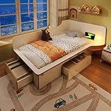 Dolamaní Schönes Bett-Kinderbett Jugendbett 90x200 cm, Holz Einzelbetten mit Multifunktional Ausrüstung und 3 Schubladen, Rutschfestes Design für Erwachsene, Kinder und Jugendliche (Weiß)
