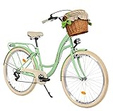 Milord Komfort Fahrrad mit Weidenkorb, Hollandrad, Damenfahrrad, Citybike, Vintage, 28 Zoll, Mintze-Creme, 7-Gang