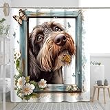 Duschvorhang-Set mit deutschem Drahthaar, 183 cm, mit Haken, lustige Blumenfenster, Badezimmer-Dekor, Hundemuster, Badzubehör