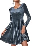 Zeagoo Weihnachtskleid Partykleid Damen Kleid Elegant Cocktailkleid Langarm Samtkleid Knielang Abendkleider Rundhals Kleider Bodycon Ballkleider Einfarbig Freizeitkleid Winterkleider Dunkelgrau M