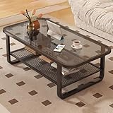 Glastisch Wohnzimmer, 2-lagig, Sofa Tisch, Glastischplatte mit Unterer Ablage, Couchtisch Modern for Wohnung, Büro