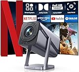 Mini Beamer 4K [Netflix Official|Dolby Audio] 600ANSI Smart Beamer Heimkino Full HD 1080P Auto Fokus Auto Vertikale Trapezkorrektur 360° Drehbar WiFi6 Bluetooth Kurzdistanz Projektor für Home Outdoor