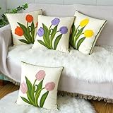 2 Stück Kissenbezug 45x45cm Baumwolle Dekokissen Kissenbezüge Blumen Kissenhüllen Frühlings Deko Weiche Boho-Stil Zierkissenbezüge Kissen Tulpe Sofakissen Kissenbezug für Heimdekoration (4 Stück)
