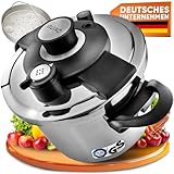 QUIXO Schnellkochtopf 6l VitaSmart 22cm mit QuickSafe-Verschluss [einfache Handhabung] inkl. Dampfeinsatz & Ersatzdichtungsring | Dampfkochtopf mit Platzsparenden Griffen für alle Herdarten