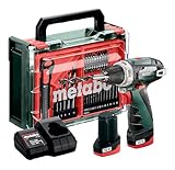metabo Akku-Bohrschrauber PowerMaxx BS Basic Set - 12 V, 34 Nm Drehmoment, 2 Gänge - Schnellspannbohrfutter, LED-Licht, Gürtelhaken, kompakt - Inkl. 2 Akkus, Ladegerät, Zubehör-Set, Kunststoffkoffer