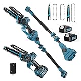 Akku Hochentaster,6&8 Zoll Mini Kettensäge mit 2X 4,0Ah Akku,3-In-1 Bürstenlose Teleskop Handkettensäge für Makita 18V,Automatisches Ölsystem,30 ml Öltank, 180° Abwinkelbarer,bis zu 4,57m Arbeitslänge