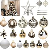 Weihnachtskugeln 101er Set, Weihnachtsdeko, Kunststoff Christbaumkugeln, Champagner Weihnachtsbaumkugeln, Baumspitze Stern, Matt, Glänzend, Mehrweg Baumkugeln Weihnachten, 3, 4 & 6 cm