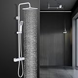 HOMELODY Duschsystem mit Thermostat Chrom - Duscharmatur Edelstahl Regendusche mit Armatur inkl.Sicherheitssperre bei 38°C, ABS Handbrause,Kopfbrause,Verstellbarer Duschstange,Duscharmatur komplettset