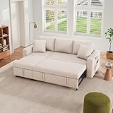 OPODEE Schlafsofa L-Form mit Bettkasten, Ecksofa mit Schlaffunktion & Seitentaschen, Chaiselongue Rechts/Links Montierbar, Leinenstoff Beige für Wohnzimmer 219×142cm