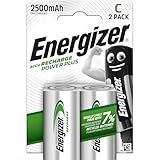 Energizer Recharge Power Plus - Batterien C wiederaufladbar (2 Stück) - 2500 mAh NiMH Akku - Bis zu 3 Jahre nutzbare Batterielebensdauer - 100% plastikfreie Recycelbar Verpackung