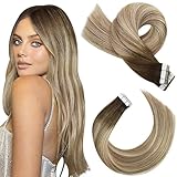 Moresoo Tape in Extensions Echthaar Ombre Braun Skin Weft Menschliches Haar Remy Invisible Tape Extensions Braun bis Hellbraun mit Goldblond Echthaar Tapes Extensions 35 cm 20 Stück/50g #3/8/22