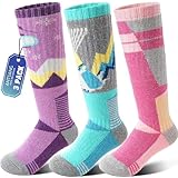 ANTSANG Kinder Merino Woll Skisocken Jungen Mädchen Thermisch Dick Warm Winter Gemütlich Kniehohe Socken zum Skifahren Snowboarden 3 Paar(Lila/Grün/Rosa,29-34)