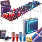 tectake® Bierpong Tisch mit Party Deko LED Beleuchtung, Tisch höhenverstellbar, Klapptisch, Set mit Zubehör, Beerpong Table, 100x Plastikbecher, 6X Bälle und Trinkspiel Kartenspiel
