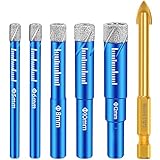 6-tlg. Fliesenbohrer Set Dia-mantbohrer Feinsteinzeug Bohrer Glasbohrer Set [5, 6, 8, 10, 12mm] mit 6mm Karbid-Anbohrer Fliesenbohrer für Fliesen Keramik, Marmor, Granit