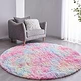 VOFUSHON Teppich Rund Hochflor Teppich Wohnzimmer Teppich Langflor Teppiche für Wohnzimmer flauschig Shaggy Schlafzimmer Bettvorleger Outdoor Carpet(Ø 150 cm Rund,Regenbogen)